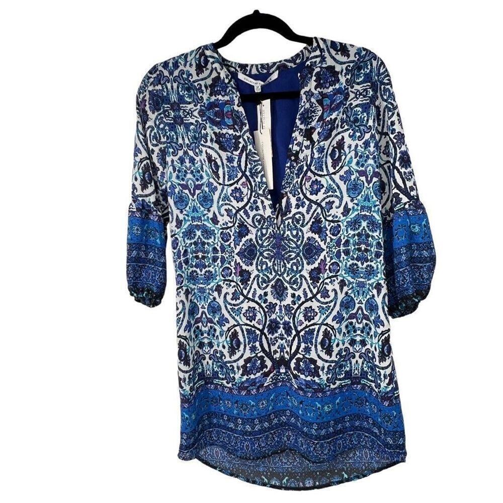 Collective Concepts Blue White‎ Print V Neck Tunic